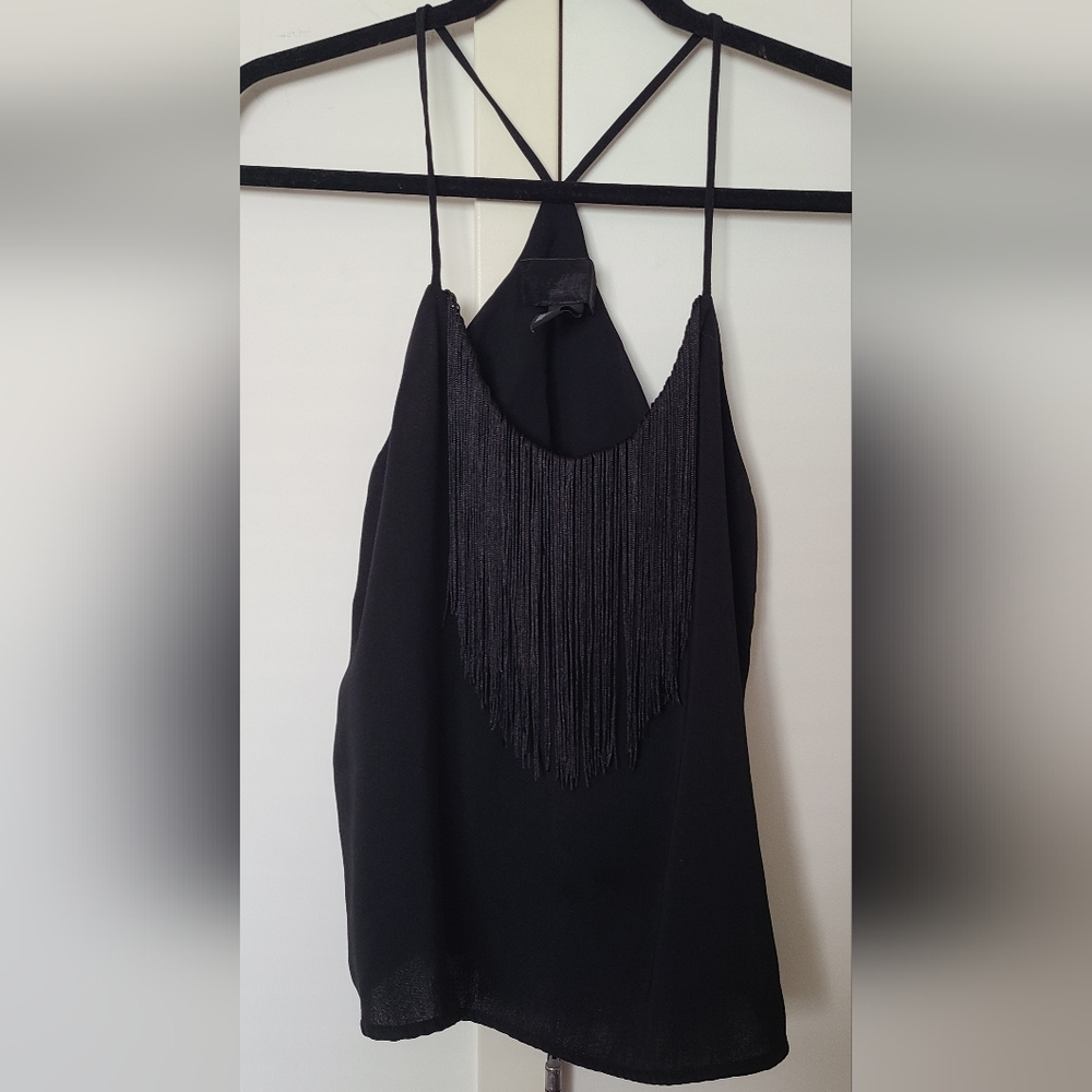 Elegant Black Fringe Halter Top